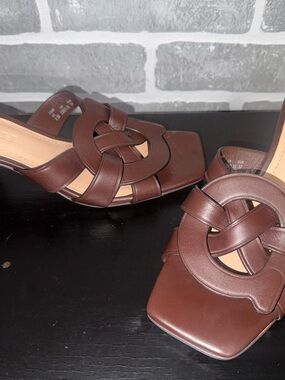 Coach Brown Leather Knot Square-Toe Slide Heels